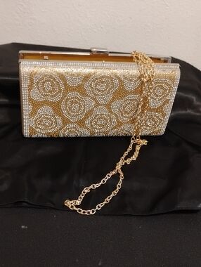 Gold and Silver Rose Crystal Evening Clutch with Chain